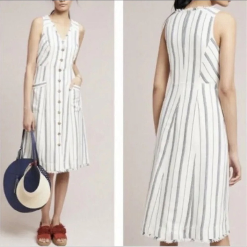 Anthropologie White Dress with Black Vertical Stripes